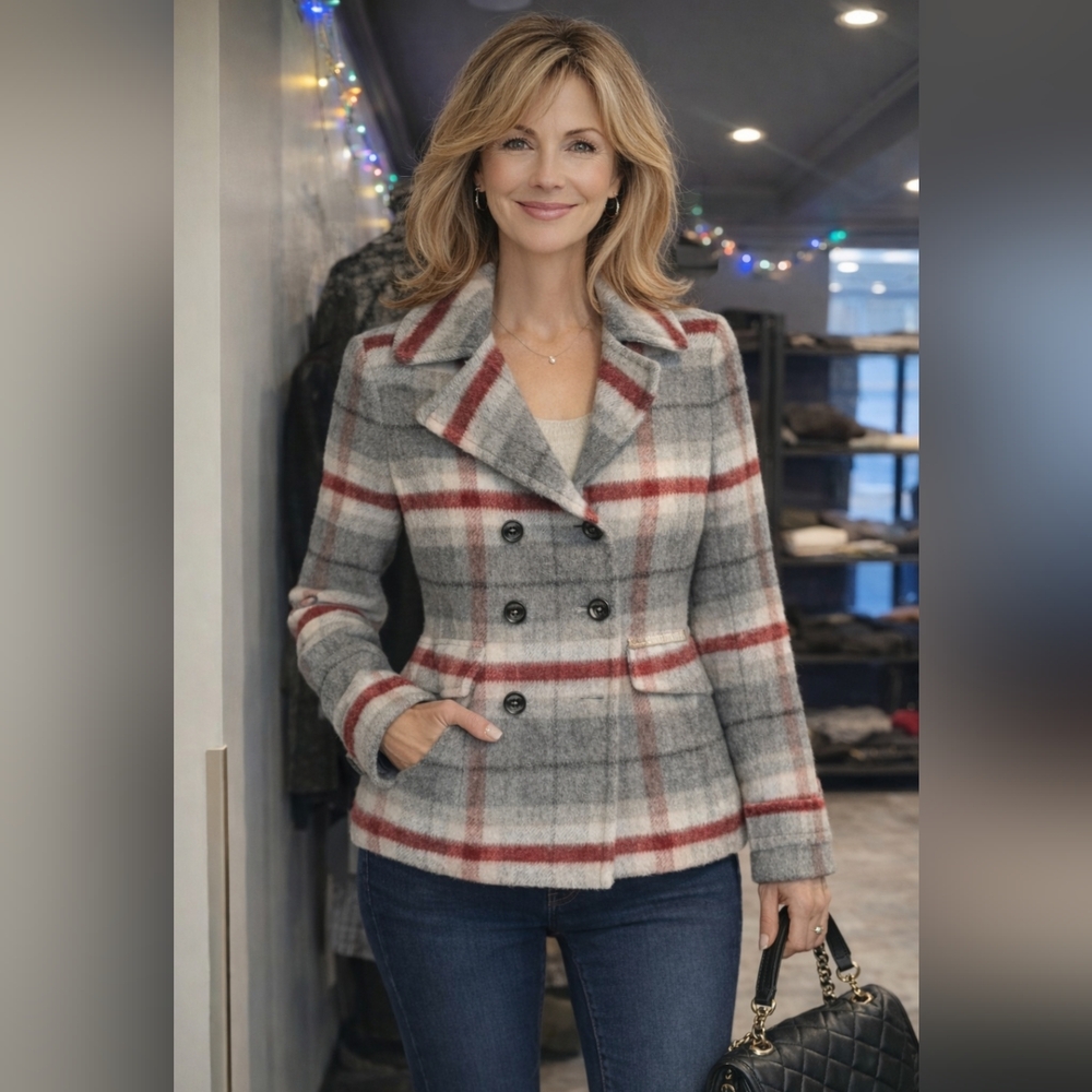 Tommy Hilfiger Gray and Red Plaid Pea‎ Coat